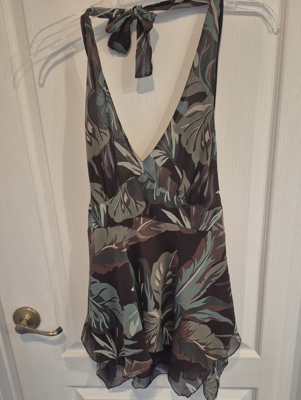 Michael Kors Silk Tropical Print Halter Top Frayed Sheer Edge